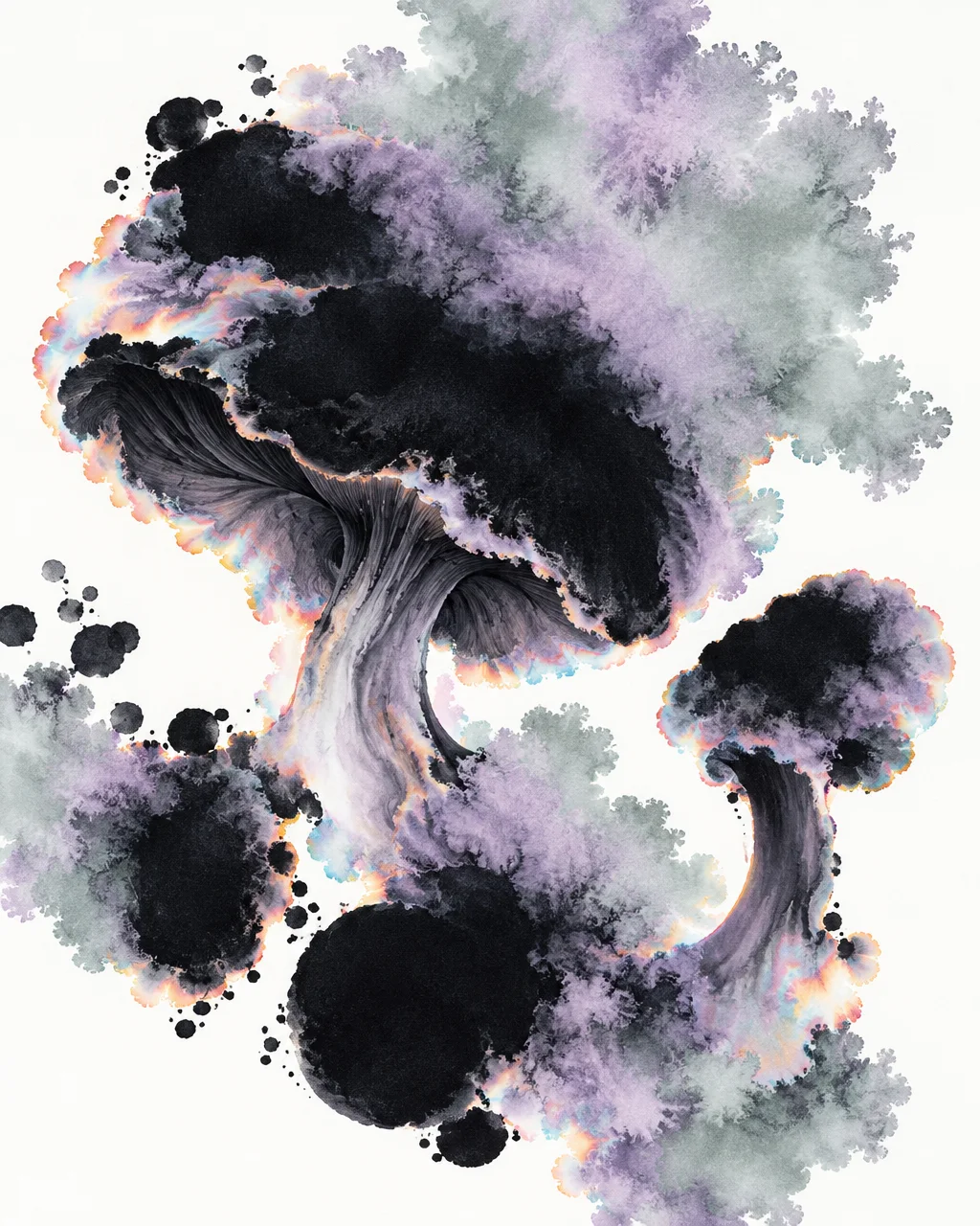 An abstract watercolor illustration of mushroom forms rendered in textured black ink, blooming purple wash, and iridescent edges on white.