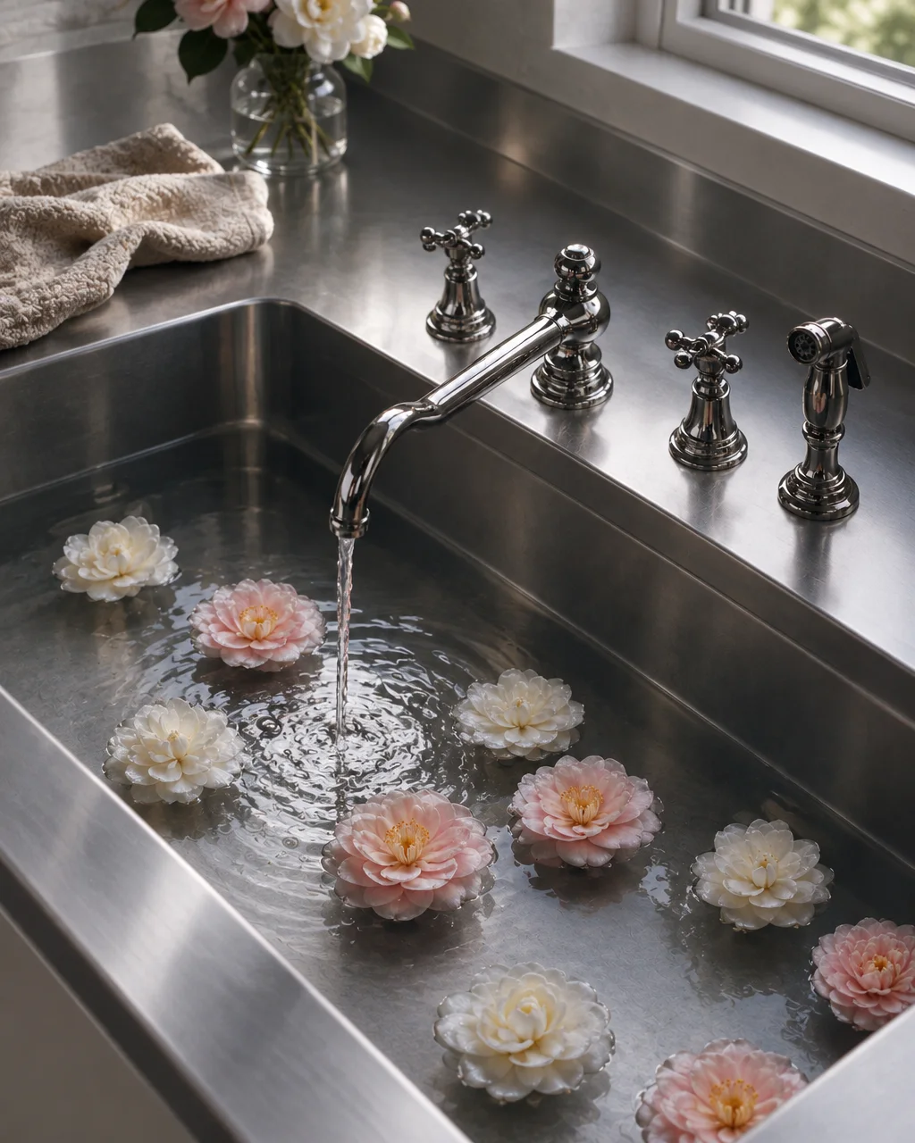 Pale pink and white camellia blossoms float in a brushed stainless steel sink as water runs gently from a polished faucet.