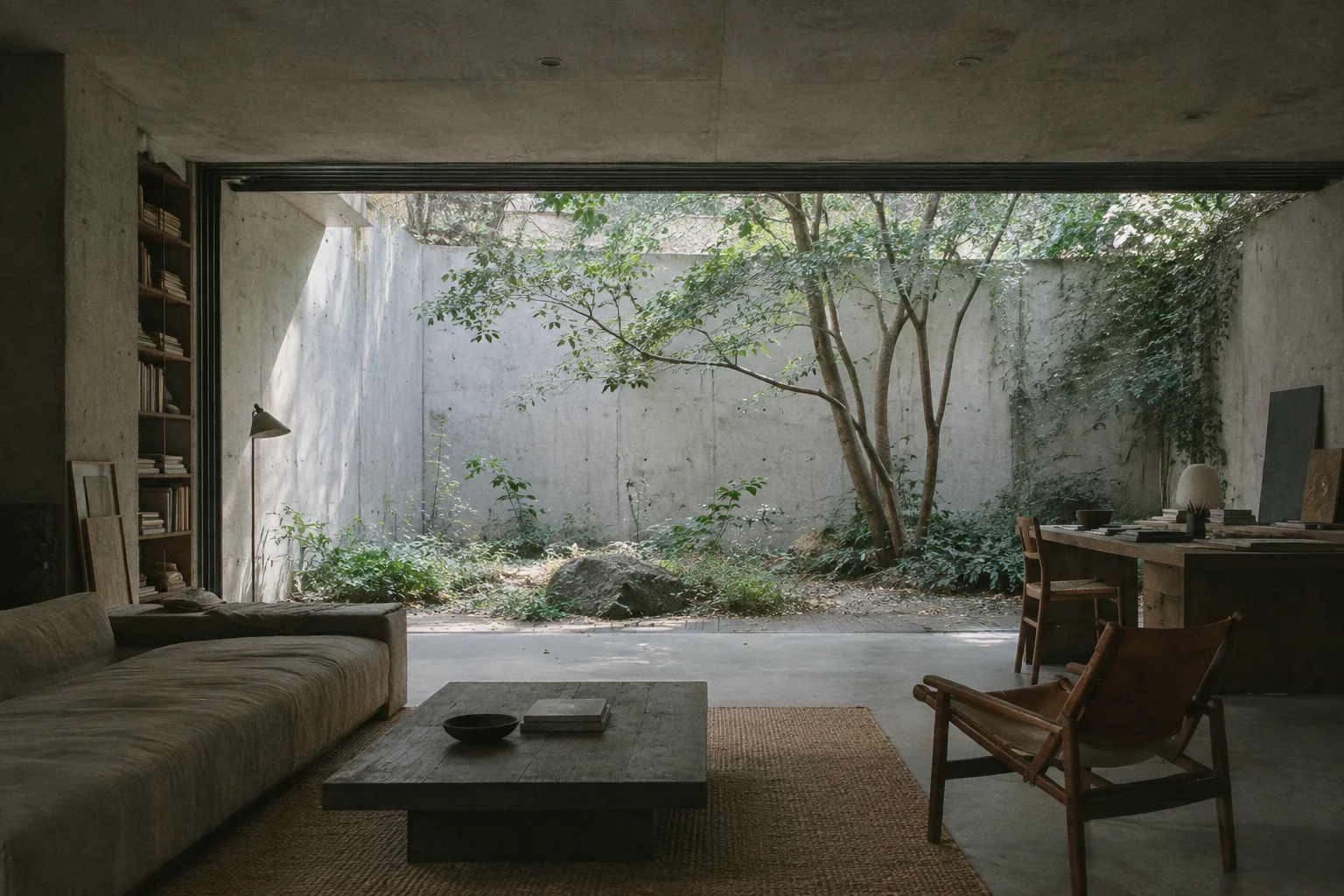 A minimalist concrete living room with low-profile furniture opening onto a sunlit courtyard garden with trees and foliage.