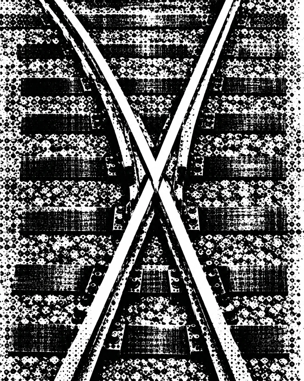 A high-contrast black and white halftone graphic of intersecting railroad tracks crossing over wooden ties.