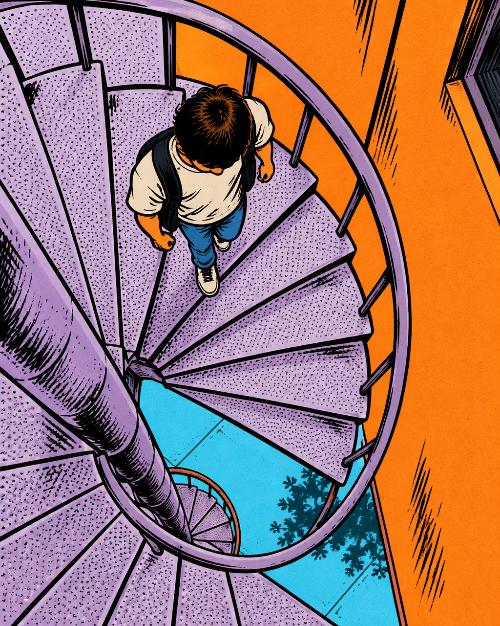 A high-angle comic book illustration of a person with a backpack walking down a purple outdoor spiral staircase against vivid orange walls.