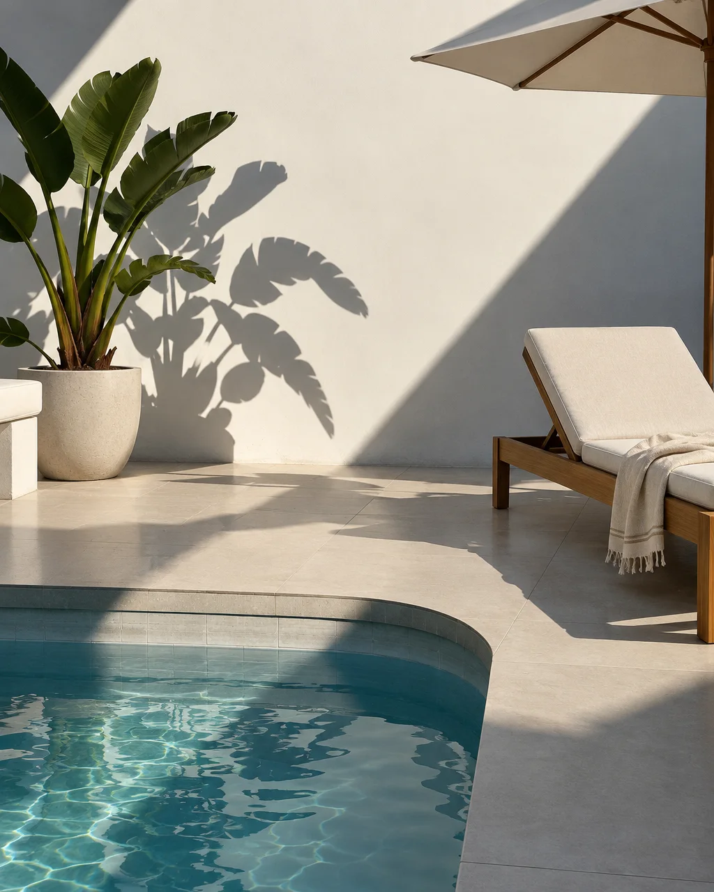 A sunlit minimalist poolside patio featuring a wooden lounge chair, potted tropical plant, and deep shadows against a white wall.