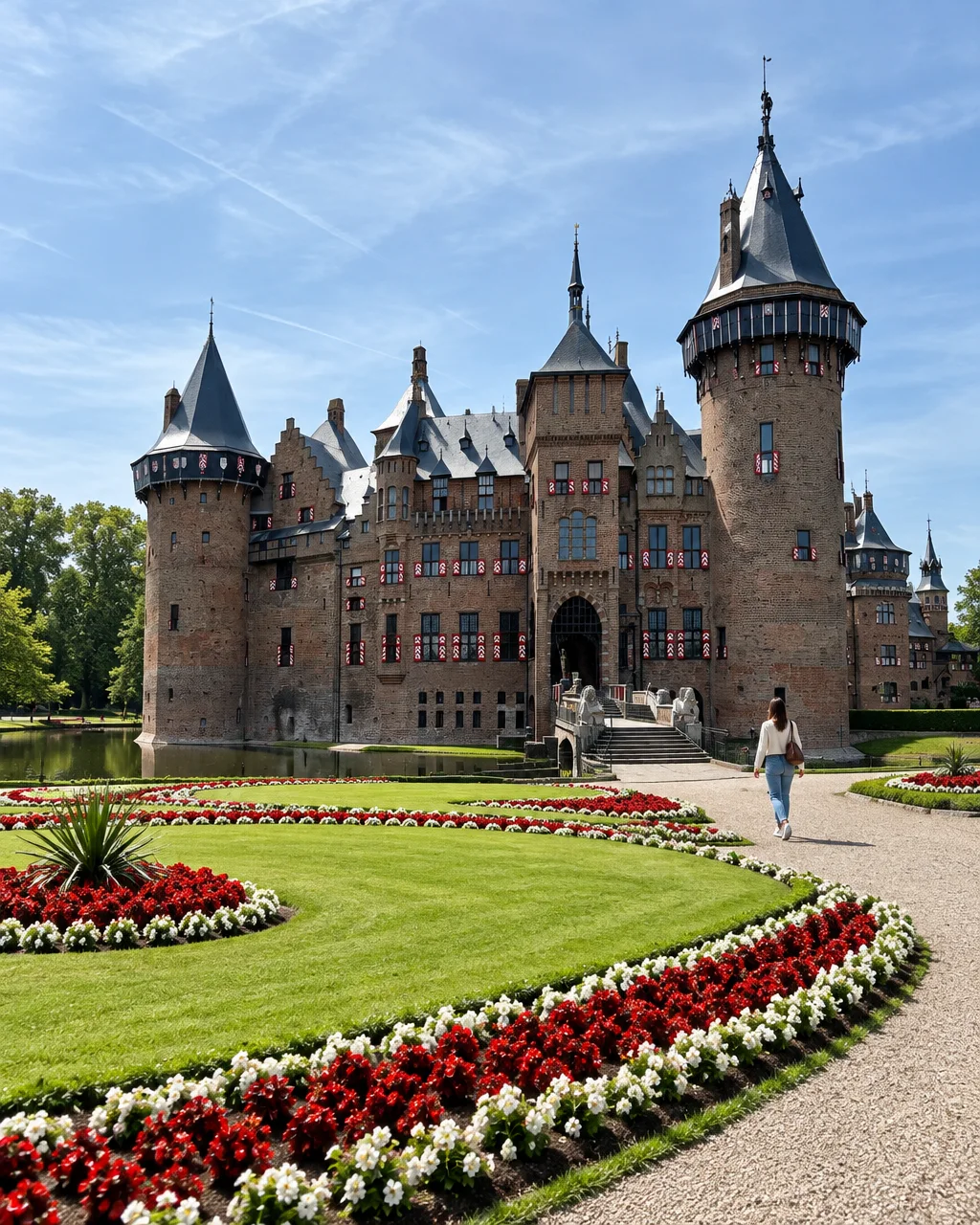 A solitary visitor walks along a gravel pathway bordered by manicured flowerbeds toward a grand brick castle surrounded by a moat.