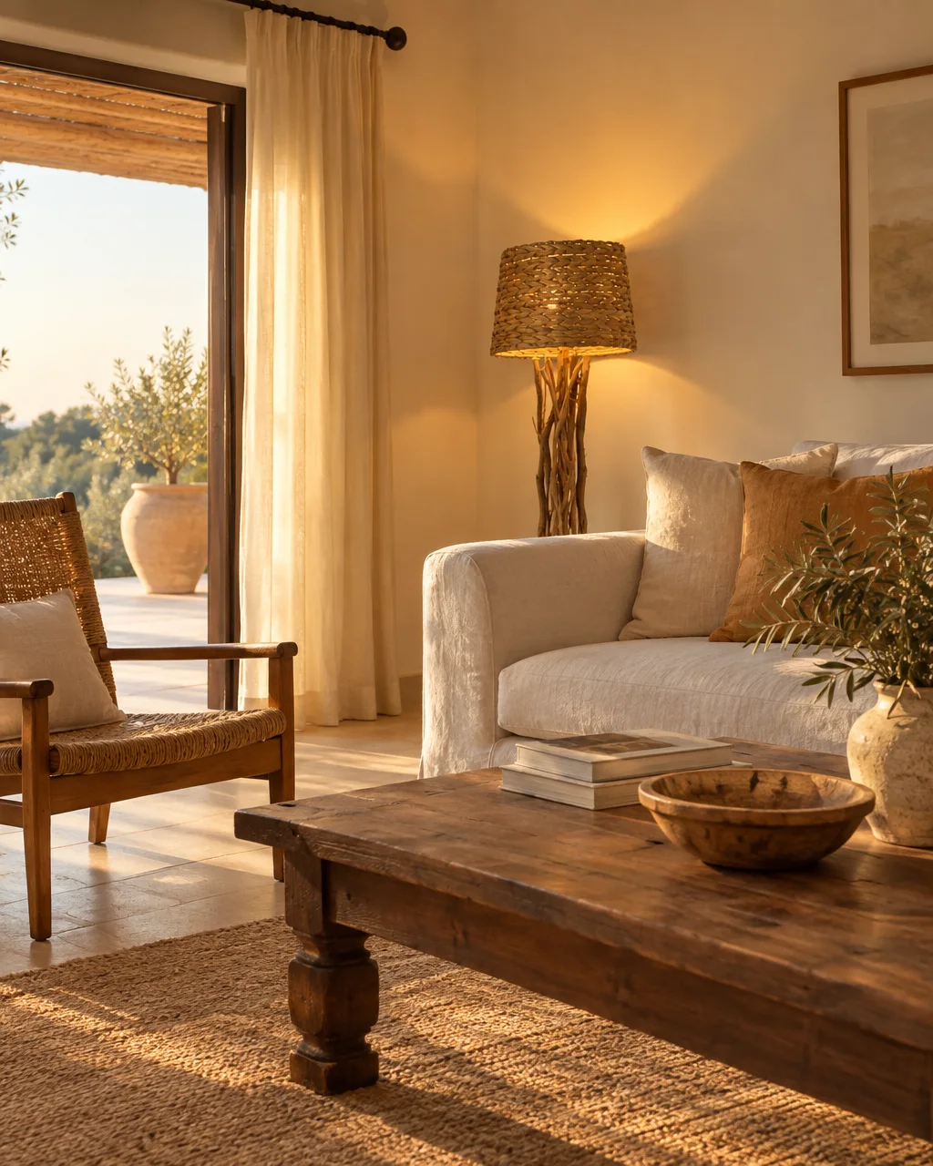 A sun-drenched living room with a linen sofa, rustic wooden coffee table, and open doors leading out to a terrace.