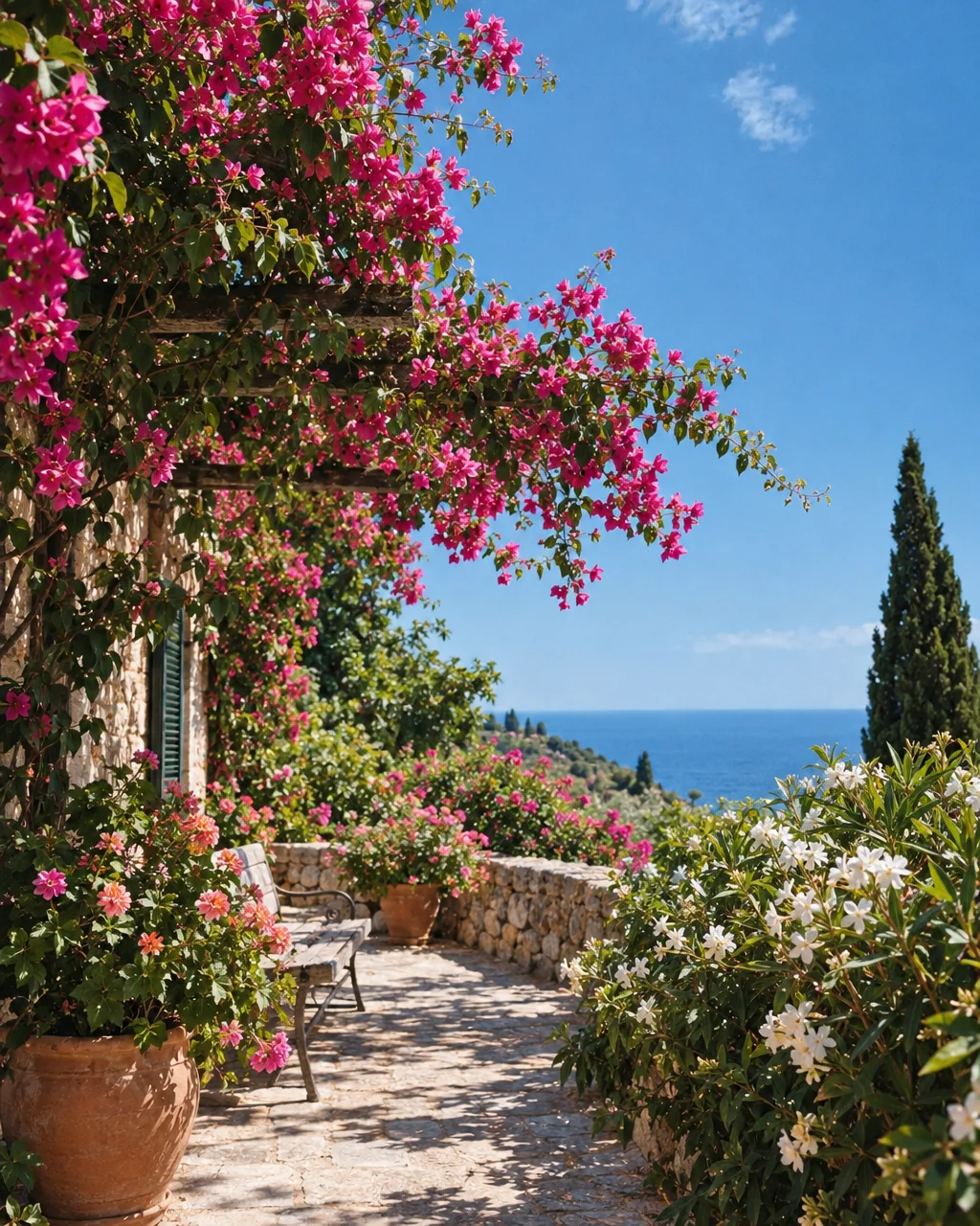 A stone terrace overflowing with bright pink bougainvillea and potted flowers overlooking a deep blue sea under a clear sky.