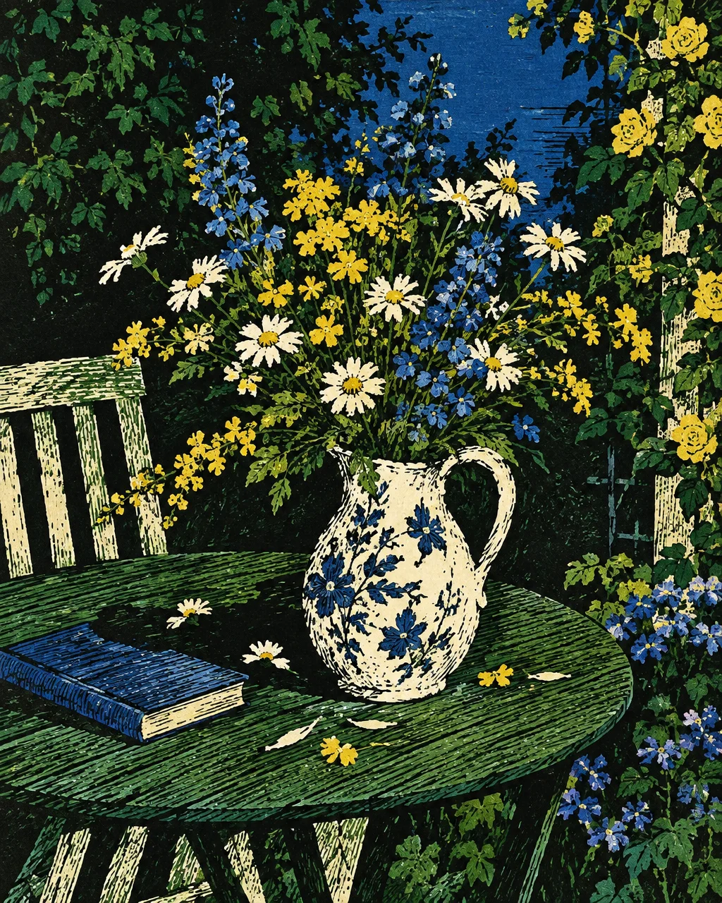 A linocut print depicting a ceramic pitcher filled with daisies and wildflowers on a green garden table beside a closed book.