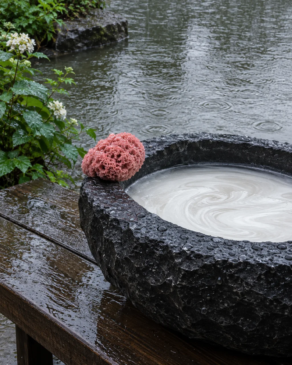 A rough black stone basin filled with swirling milky liquid and a pink sponge rests on a wet wooden table beside a rainy pond.