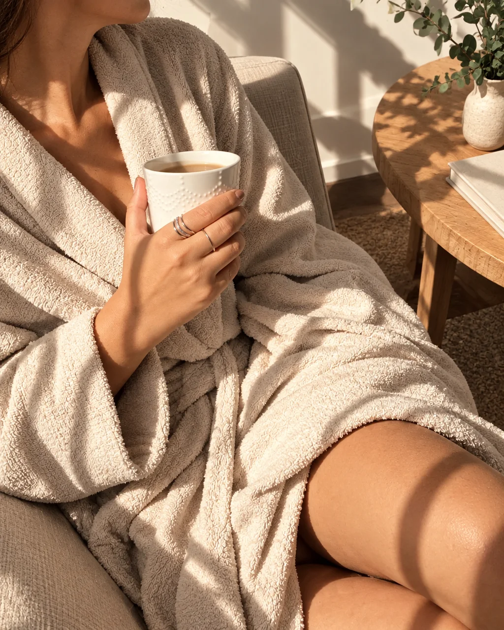 A woman in a plush beige bathrobe sitting in an armchair holding a warm mug in dappled morning sunlight.