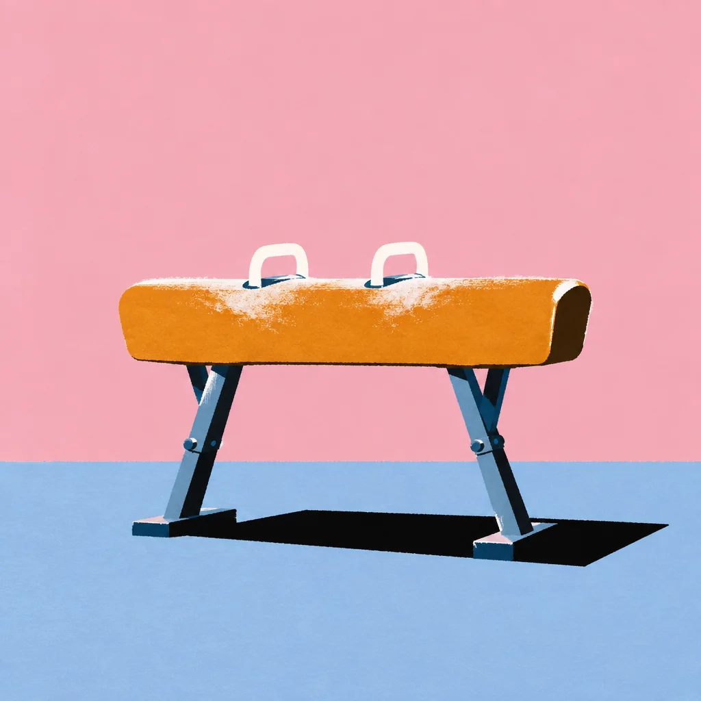 A minimalist illustration of a leather pommel horse dusted with white chalk, set against a pink and blue split background.