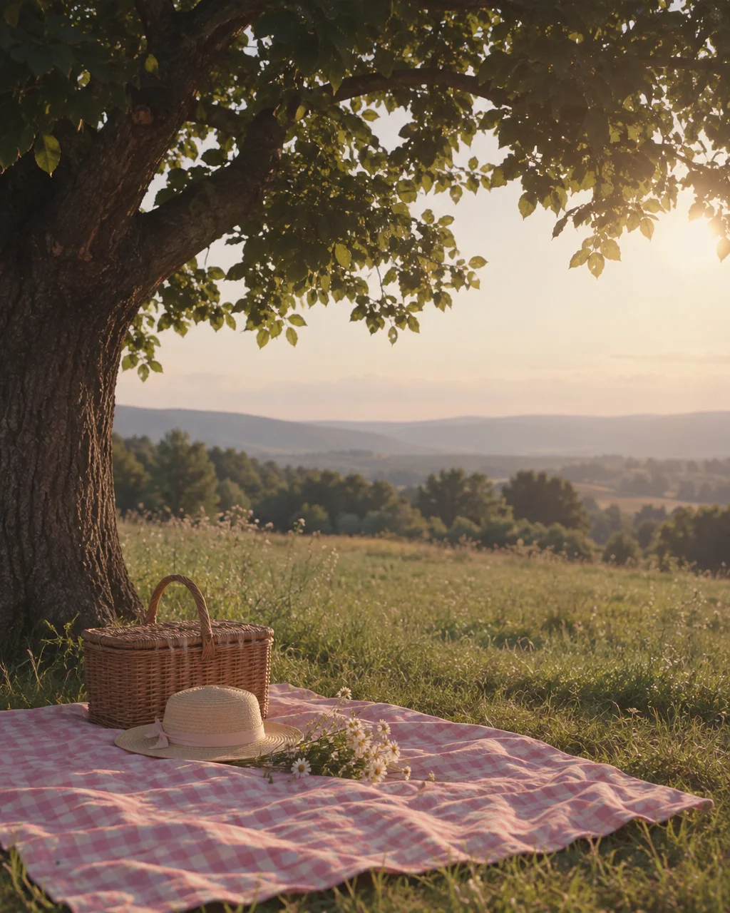 A pink gingham blanket with a wicker basket, straw hat, and wildflowers rests under a tree overlooking rolling countryside in golden light.
