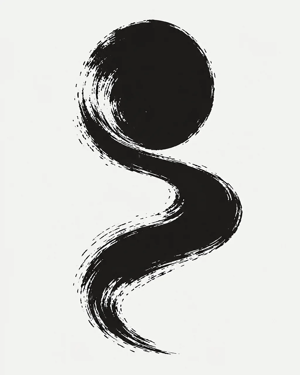 A dynamic black ink brushstroke swoops beneath a solid circular form on an off-white textured background.
