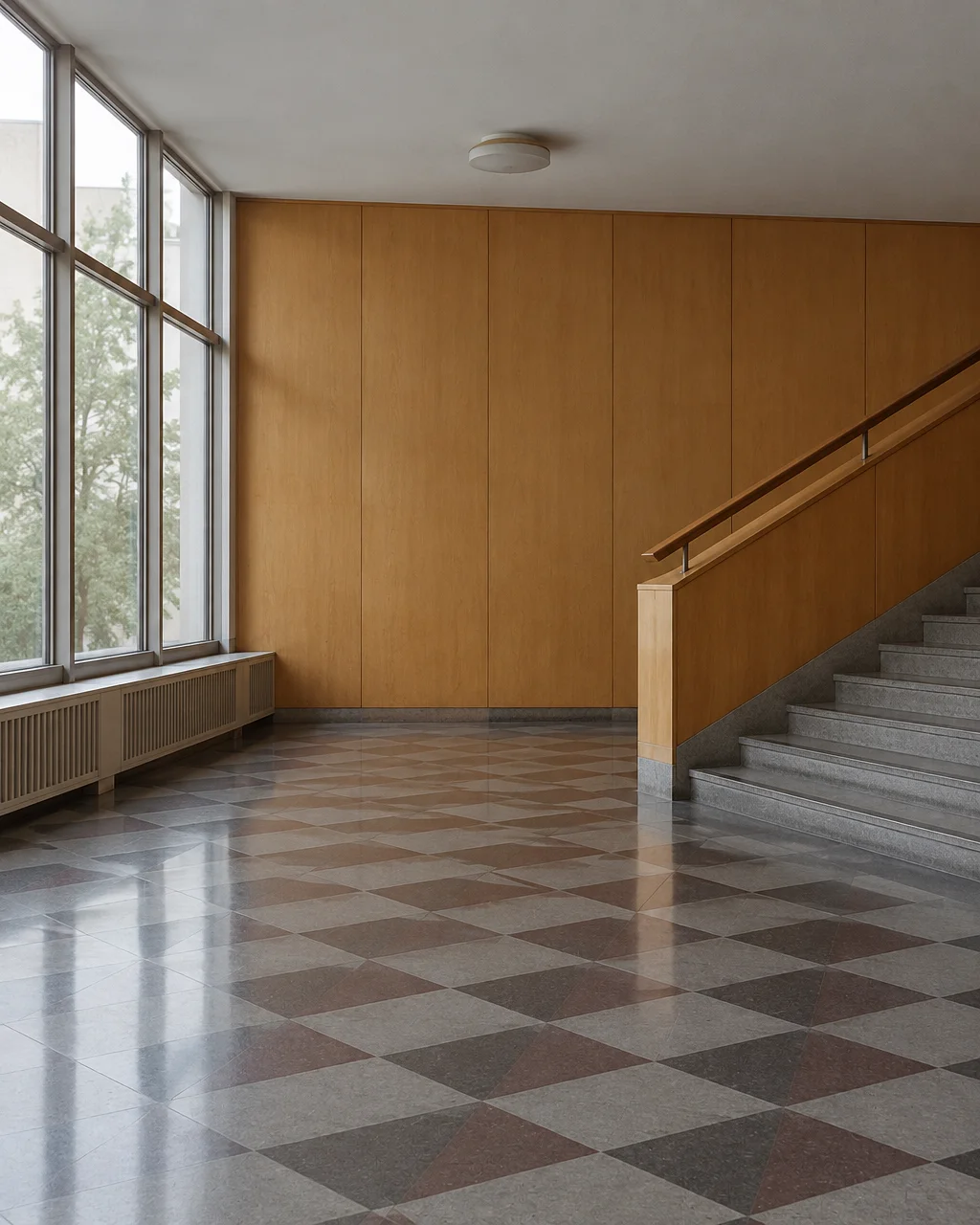An empty modernist interior featuring warm wood-paneled walls, large floor-to-ceiling windows, polished geometric tiled floors, and a stone staircase.