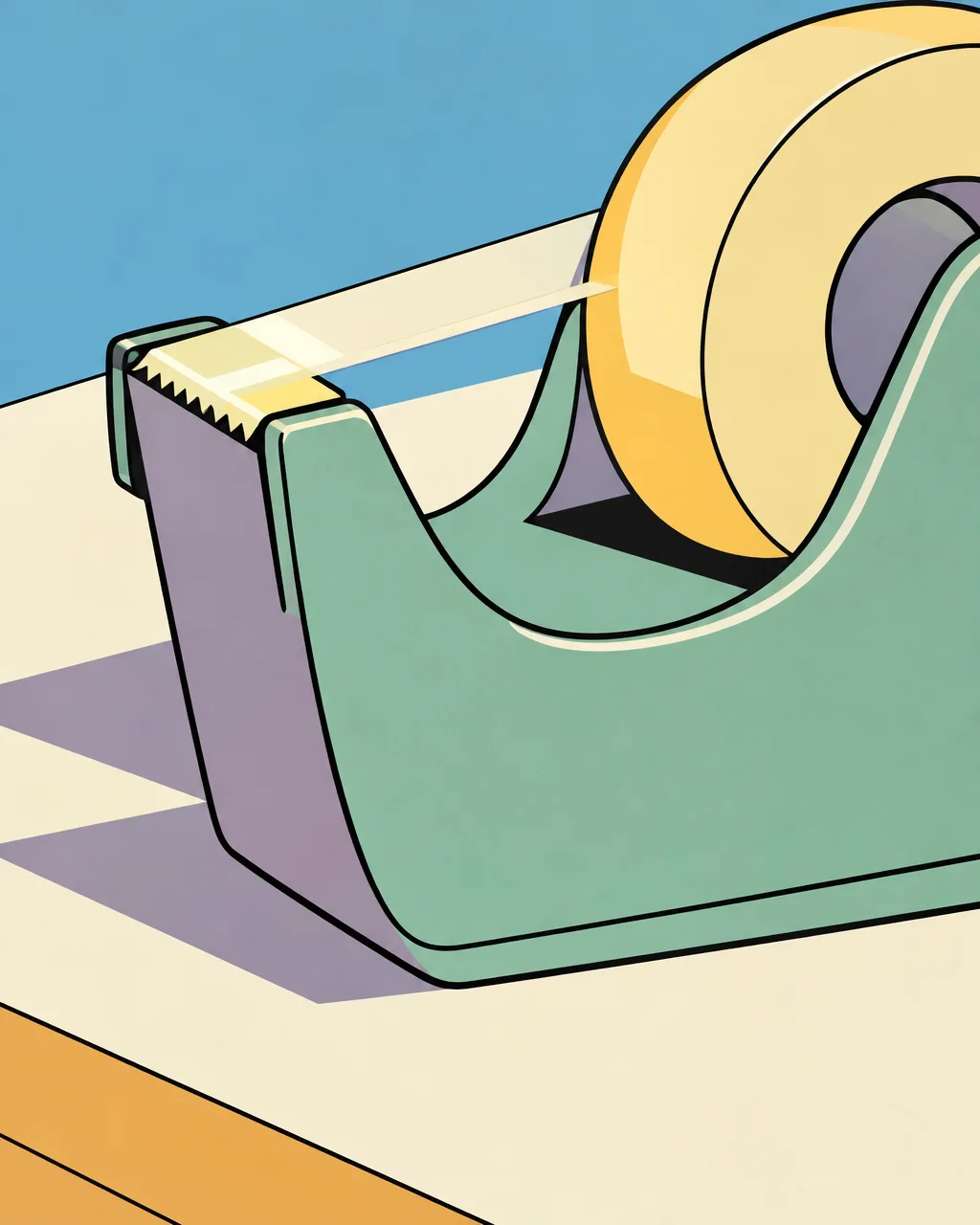 A retro graphic illustration of a green desktop tape dispenser loaded with adhesive tape, rendered in clean pop-art linework and shadows.