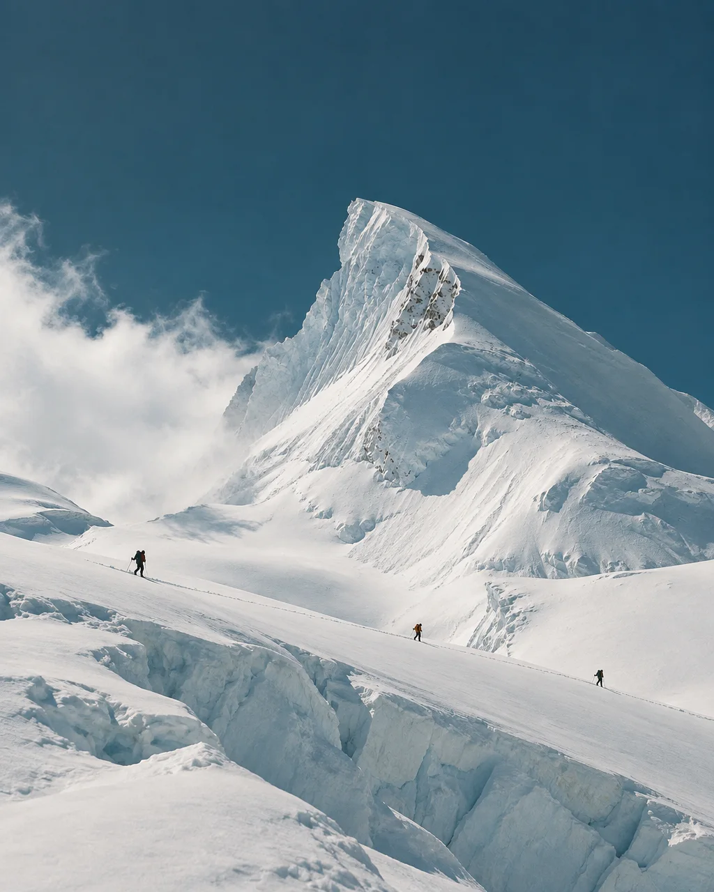 Small figures of mountaineers traverse a massive snowfield beneath a jagged, towering white peak under a deep blue sky.