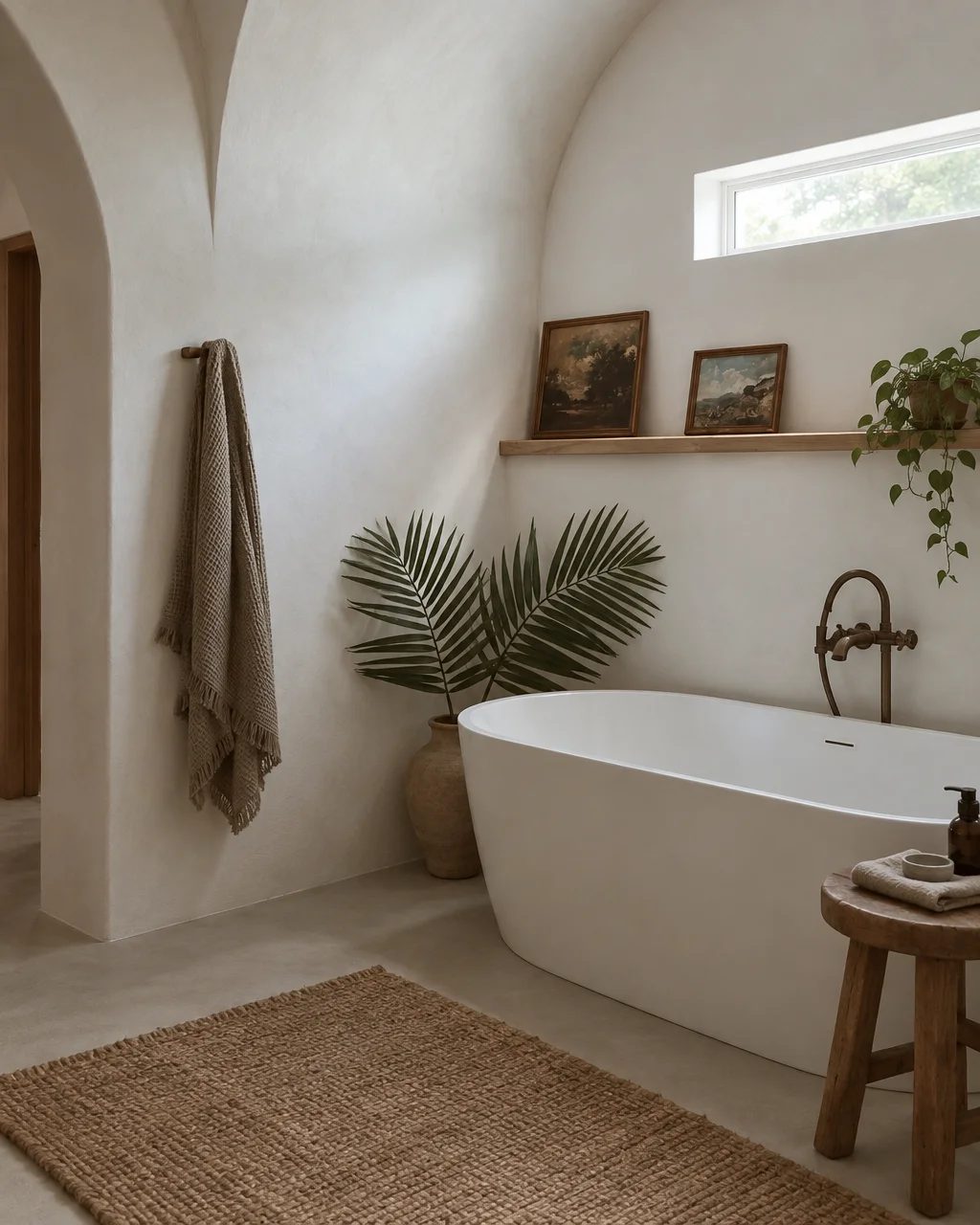 A freestanding white bathtub resting in a serene vaulted plaster bathroom decorated with neutral textiles, potted plants, and vintage art.