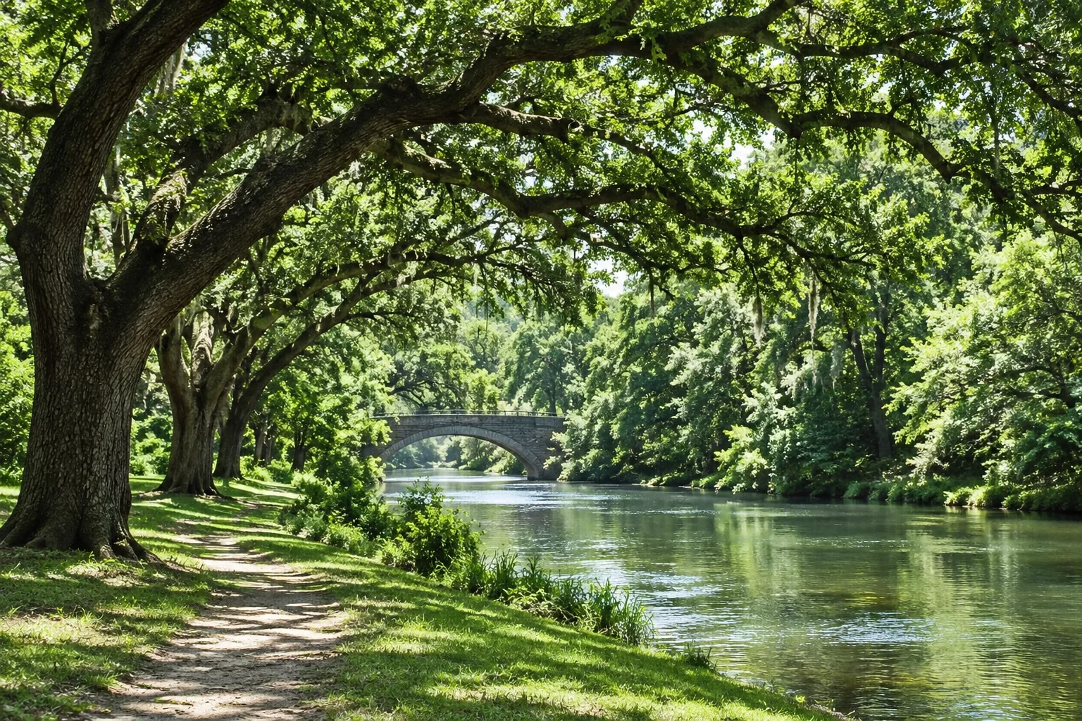 A sun-dappled dirt path winds along a calm river framed by large overhanging tree branches leading toward a distant stone bridge.