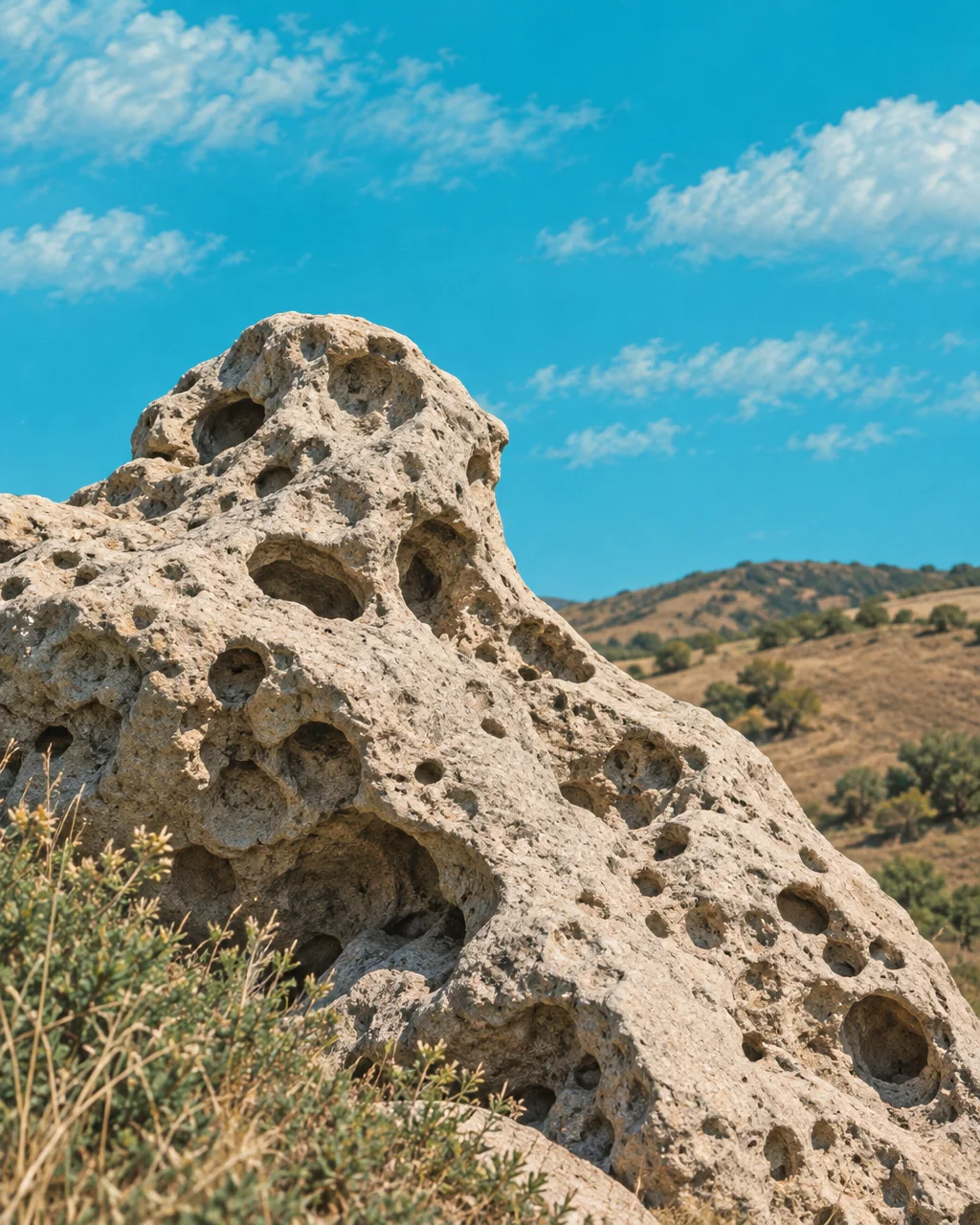 A heavily eroded limestone rock formation with deep cavities stands against a clear blue sky and arid rolling hills.