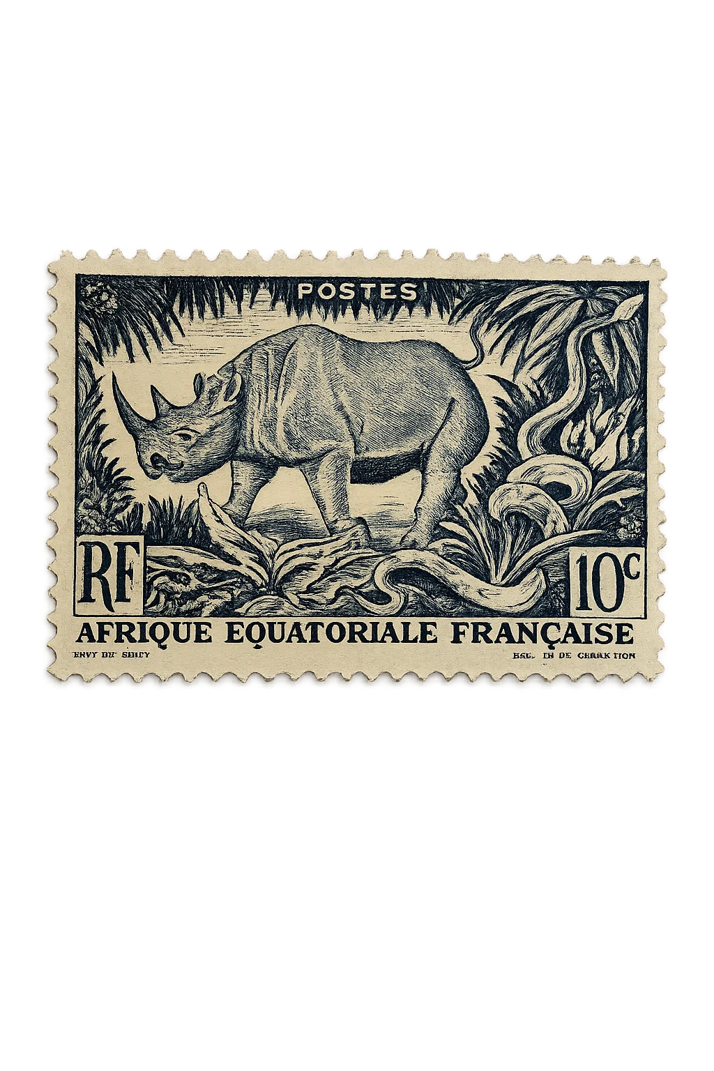 A vintage engraved postage stamp featuring a rhinoceros amidst lush tropical foliage, isolated against a white background.