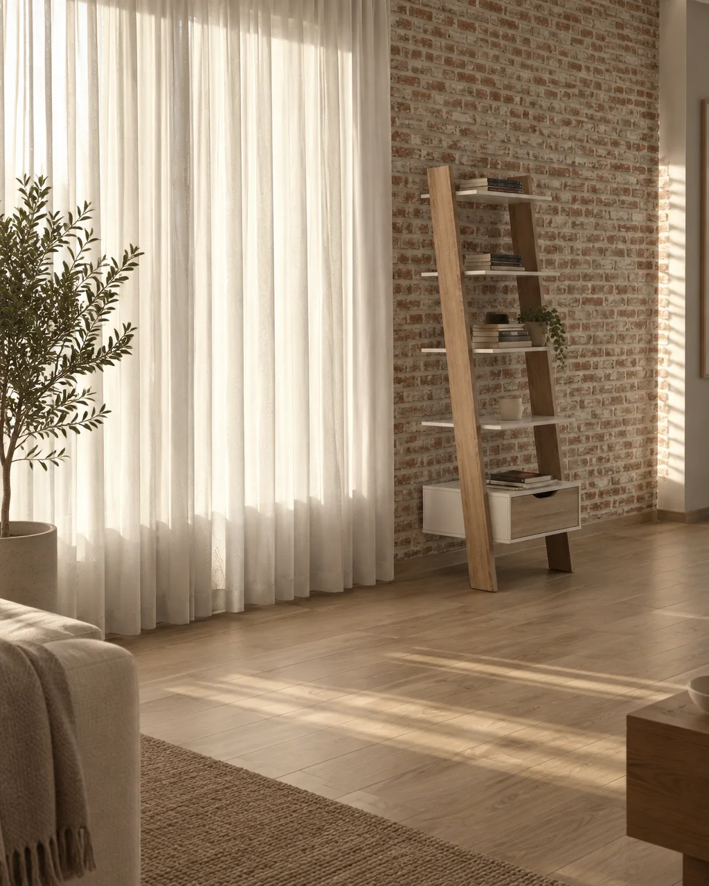 A leaning wooden bookshelf stands against a rustic brick wall beside floor-length sheer curtains filtering soft sunlight across a wooden floor.