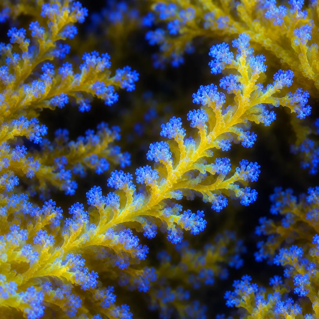 A vibrant yellow soft coral branch with delicate translucent blue polyps glowing against a dark underwater depth.