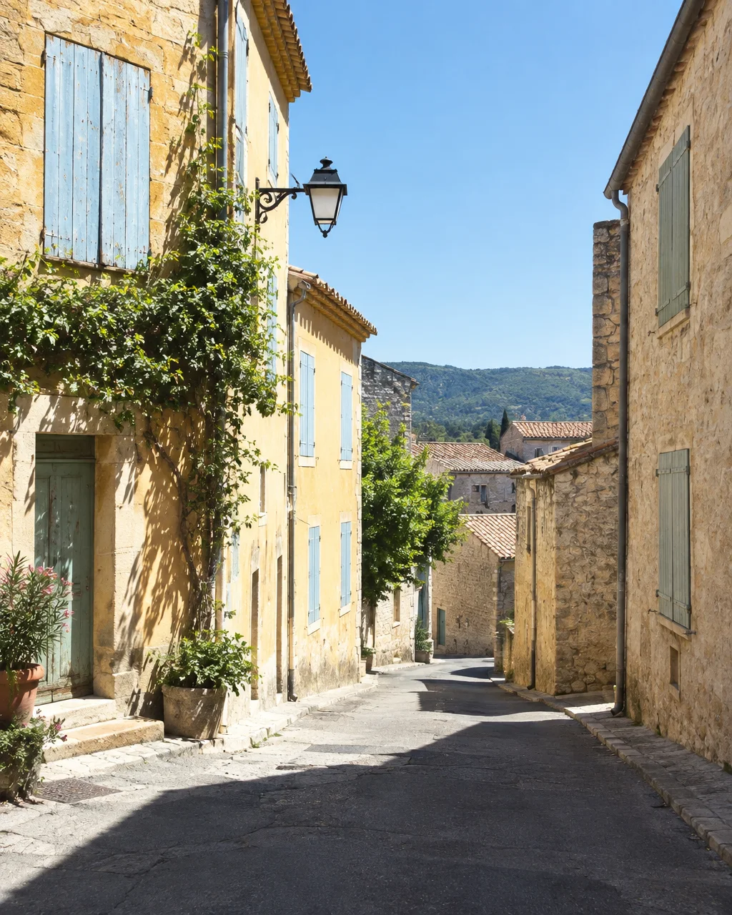 Sunlight casts sharp shadows along a narrow village street lined with warm stone houses, blue wooden shutters, and climbing green vines.