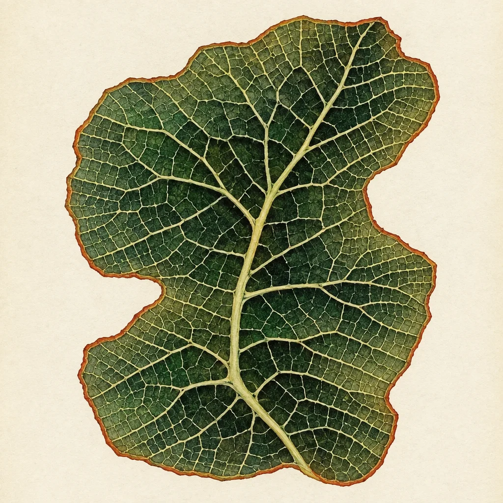 A detailed vintage botanical illustration of a dark green lobed leaf with intricate pale venation on a warm cream paper background.