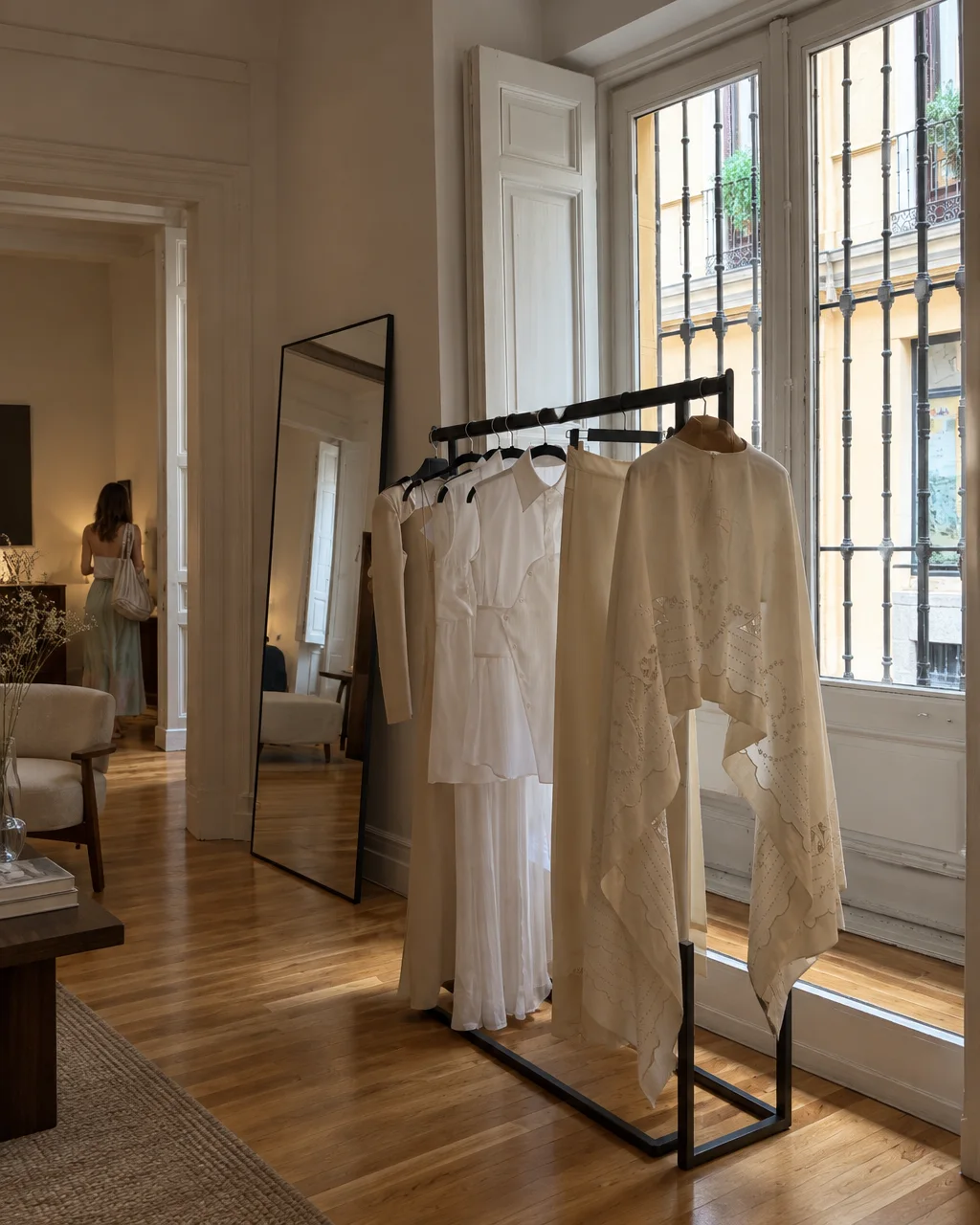 White and cream garments hang on a freestanding metal rack beside a tall window in a bright boutique interior.
