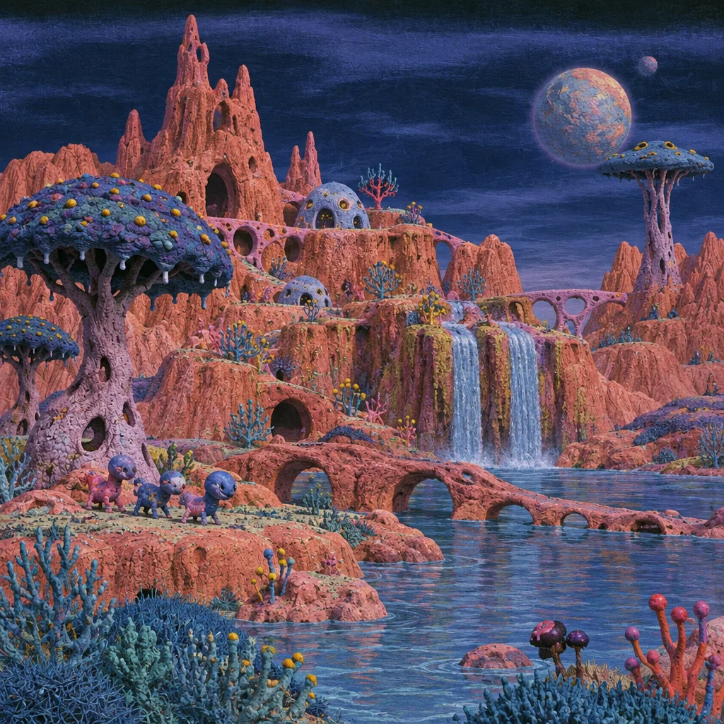 A vibrant fantasy landscape with pink rocky cliffs, cascading waterfalls, sculpted mushroom-like trees, and small creatures beneath two moons in a dark sky.