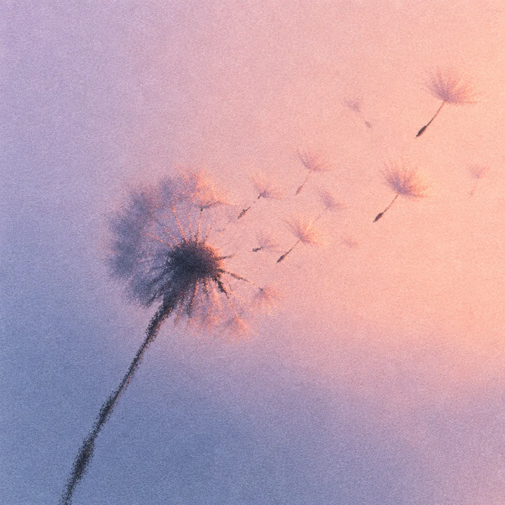 Dandelion seeds float away across a textured pastel gradient of soft lilac and warm peach tones.