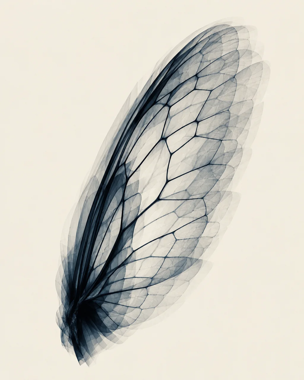 A layered, translucent insect wing displaying intricate vein patterns isolated against a pale cream background.