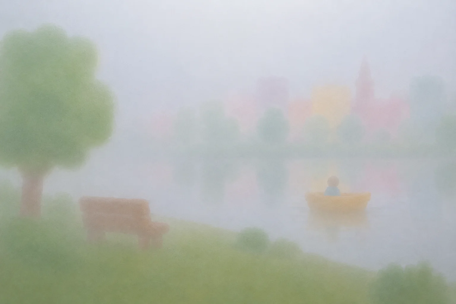 A soft, hazy illustration of a small yellow boat on a misty pond with a solitary bench and colorful buildings veiled in fog.