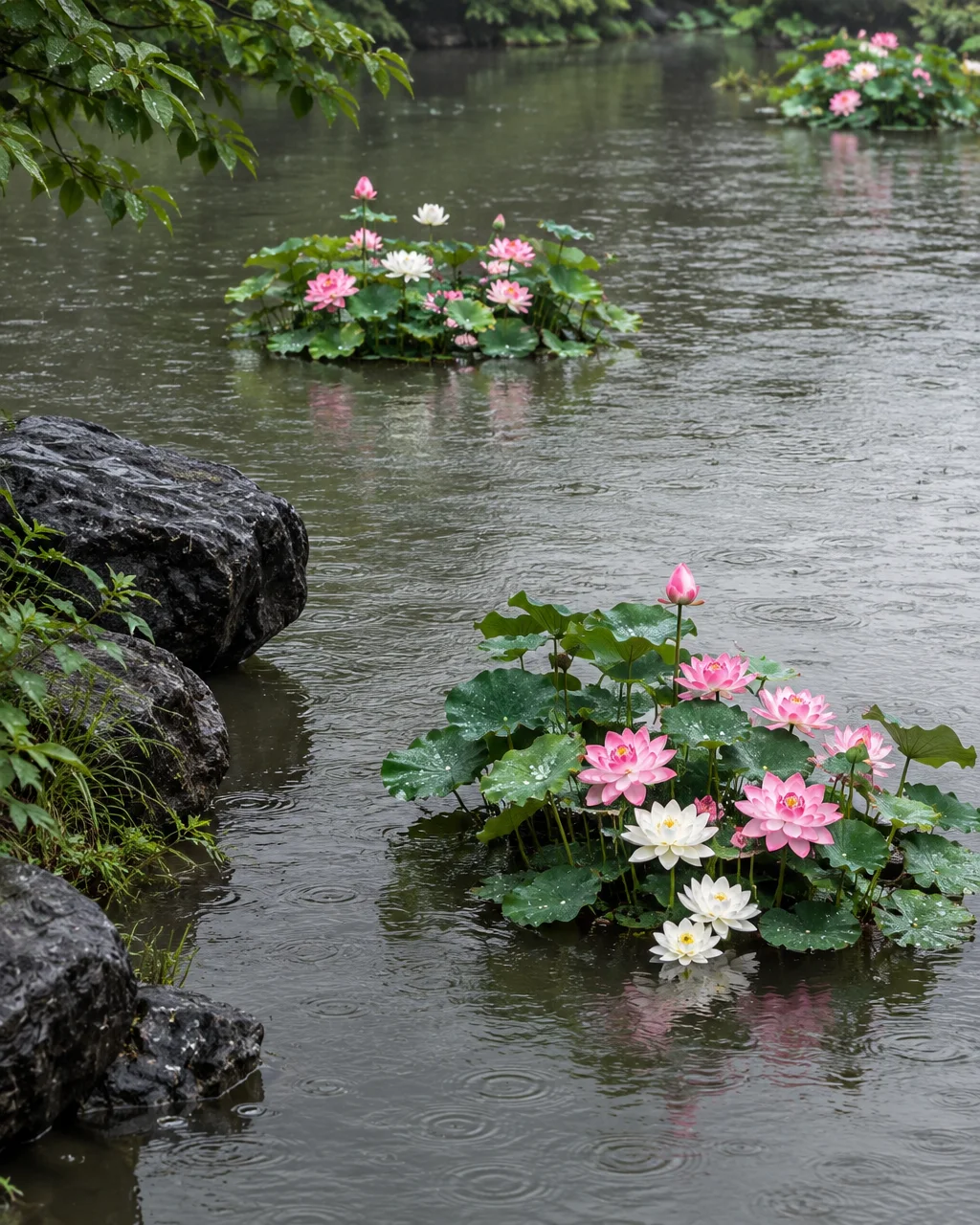 Clusters of pink and white lotus flowers bloom above wide green leaves on the rippling surface of a quiet pond during light rain.