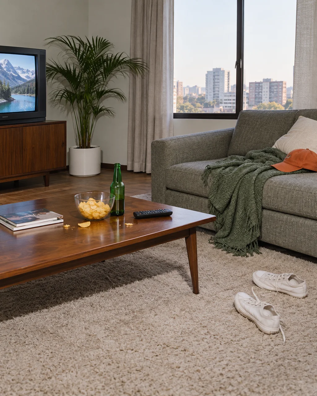 A lived-in living room with snacks and a bottle on a wooden coffee table, sneakers on the rug, and a city skyline through the window.