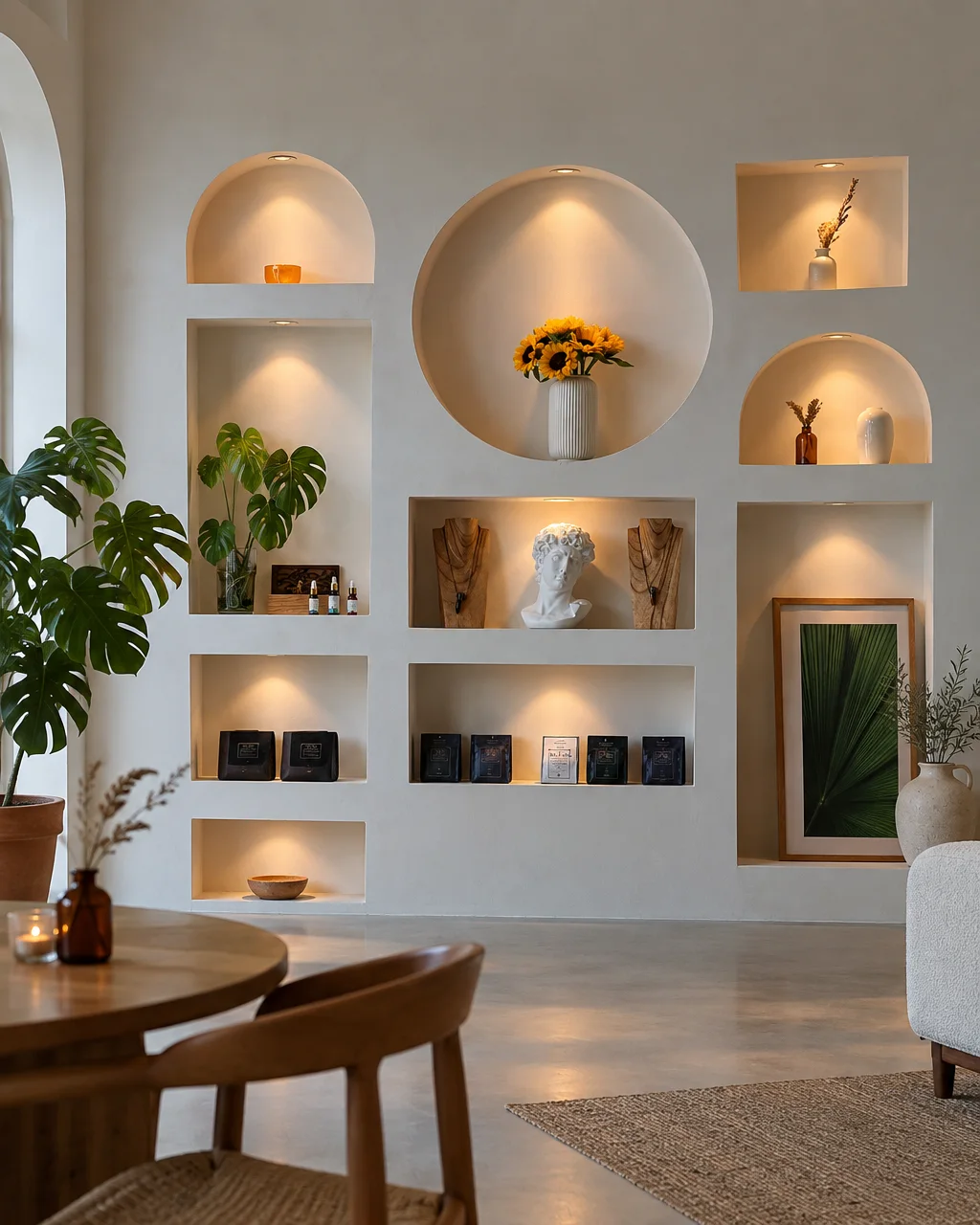 Geometric illuminated wall niches displaying vases, plants, and decorative art objects in a bright, modern minimalist interior.
