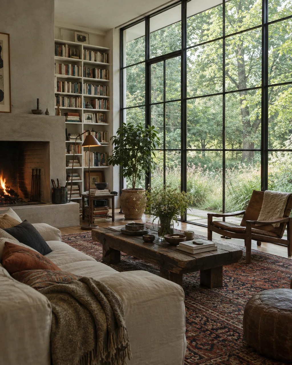 A cozy rustic living room with a lit fireplace, floor-to-ceiling bookshelf, low wooden coffee table, and large gridded windows looking out onto a lush forest.