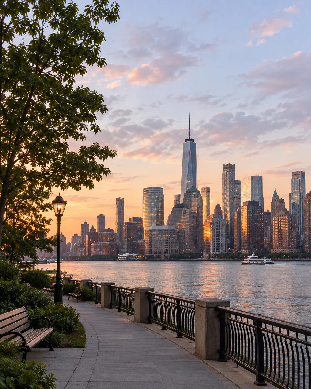 A curved waterfront promenade with park benches looks across a wide river toward a towering city skyline glowing in sunset light.