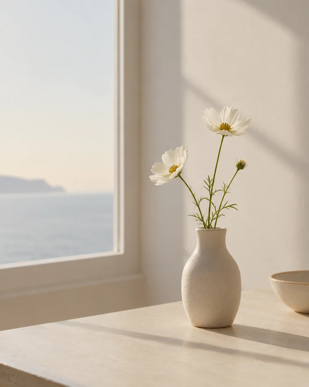 White cosmos flowers in a small ceramic vase stand on a sunlit table beside an open window overlooking calm waters.