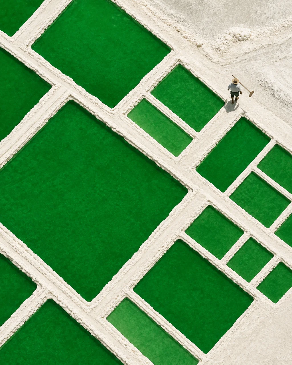An aerial view of geometric salt evaporation ponds filled with vibrant green water, separated by white crystallized borders where a lone worker walks.
