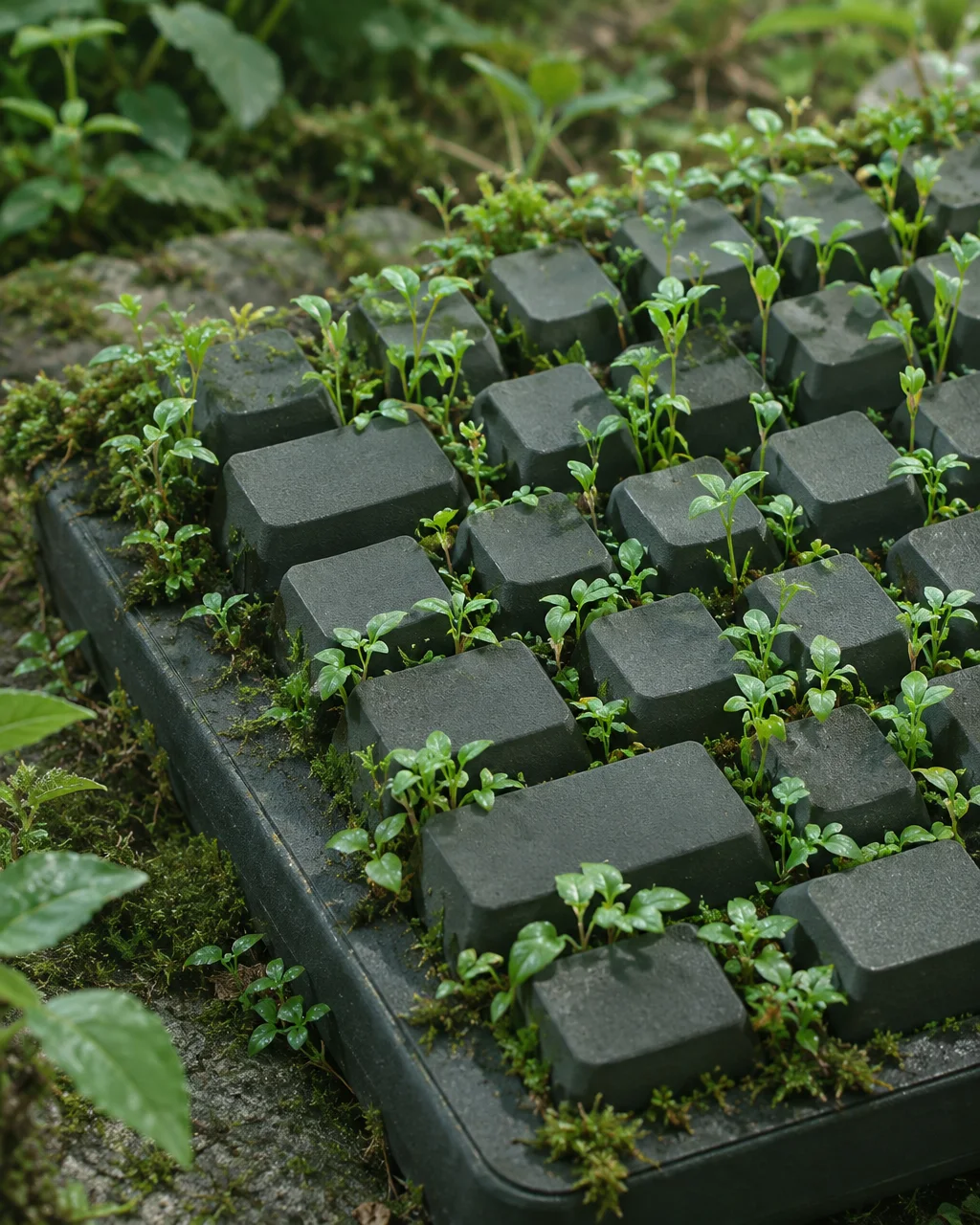 Tiny green seedlings and moss grow between the blank dark keycaps of an abandoned keyboard resting outdoors.