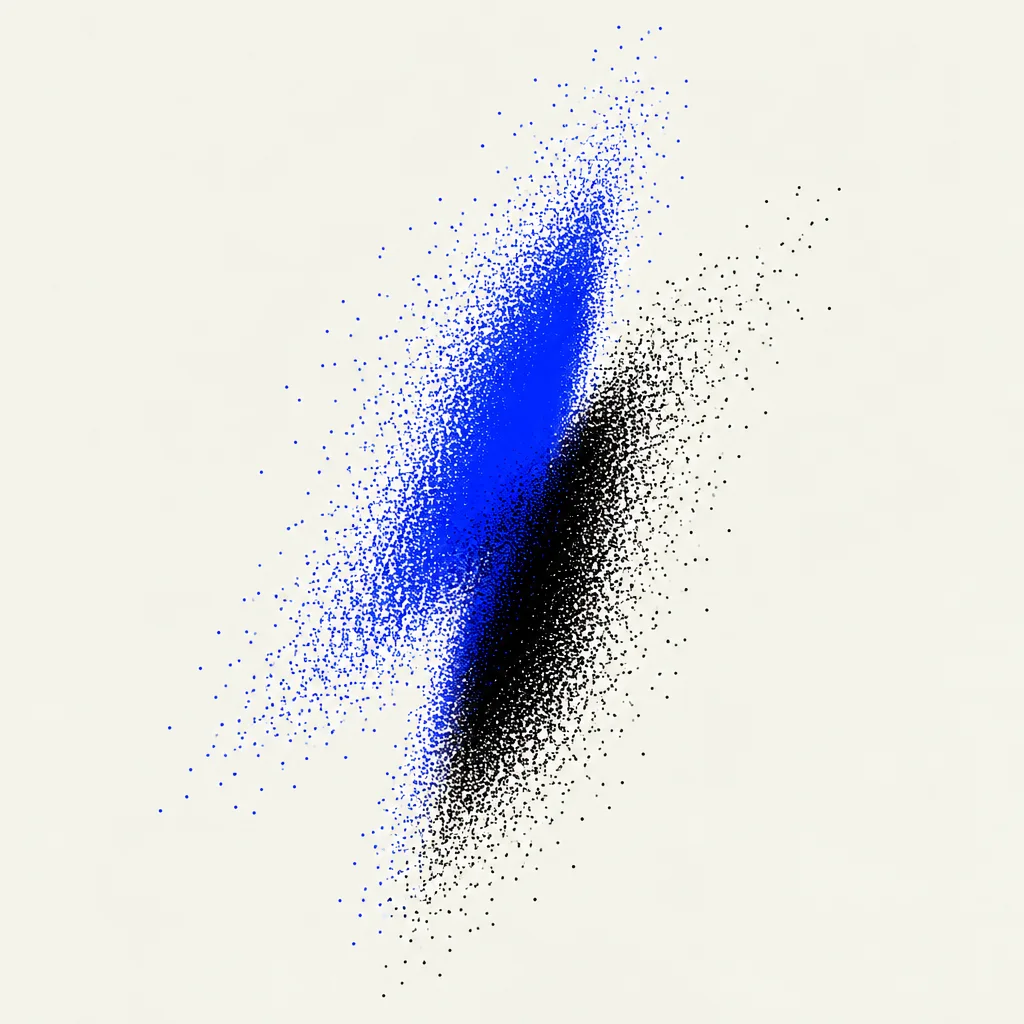 A dynamic spray of fine cobalt blue and black stippled particles across an off-white background.