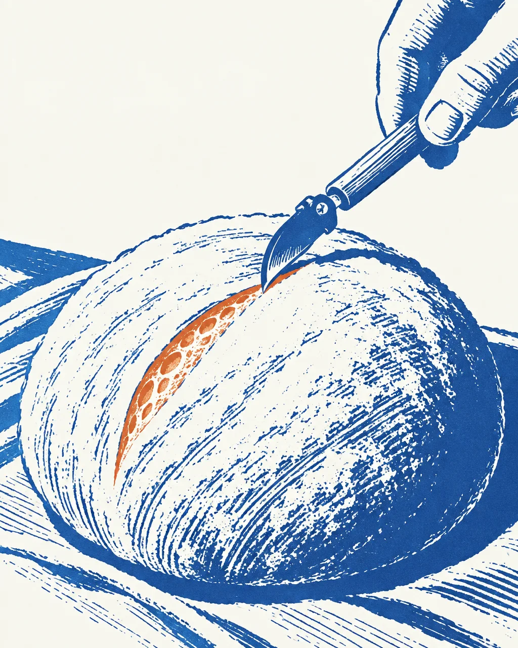 A two-tone print illustration of a hand using a curved blade to score a round loaf of bread dough.