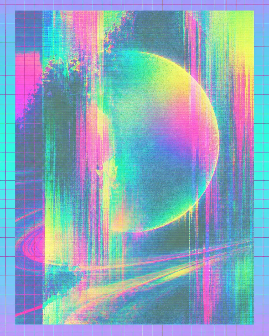 A digital glitch composition showing a ringed planet through vertical static streaks in vivid pastel neon tones framed by a grid.