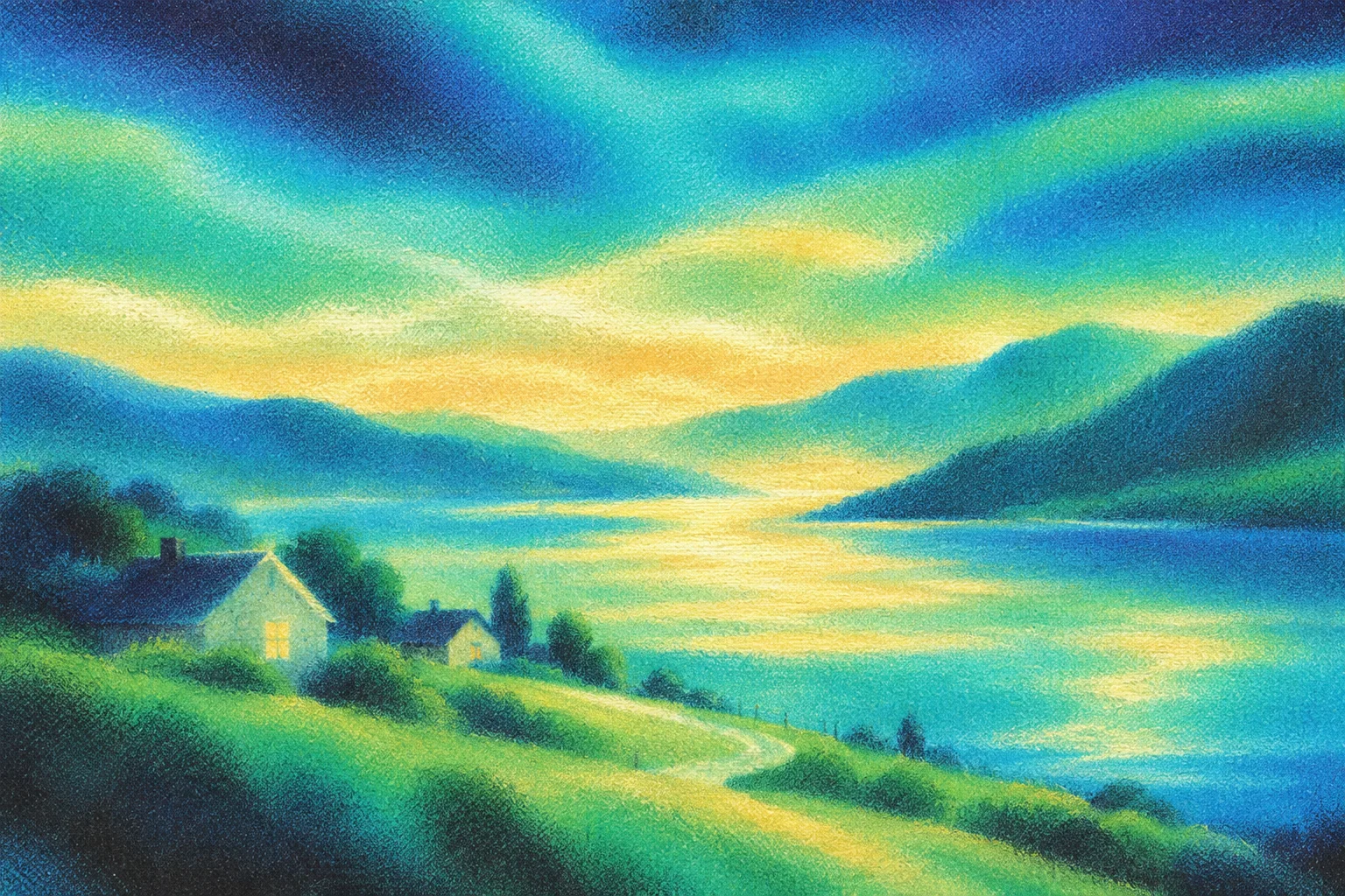 A pastel illustration of illuminated cottages on a grassy hillside overlooking a serene lake and rolling mountains bathed in golden light.