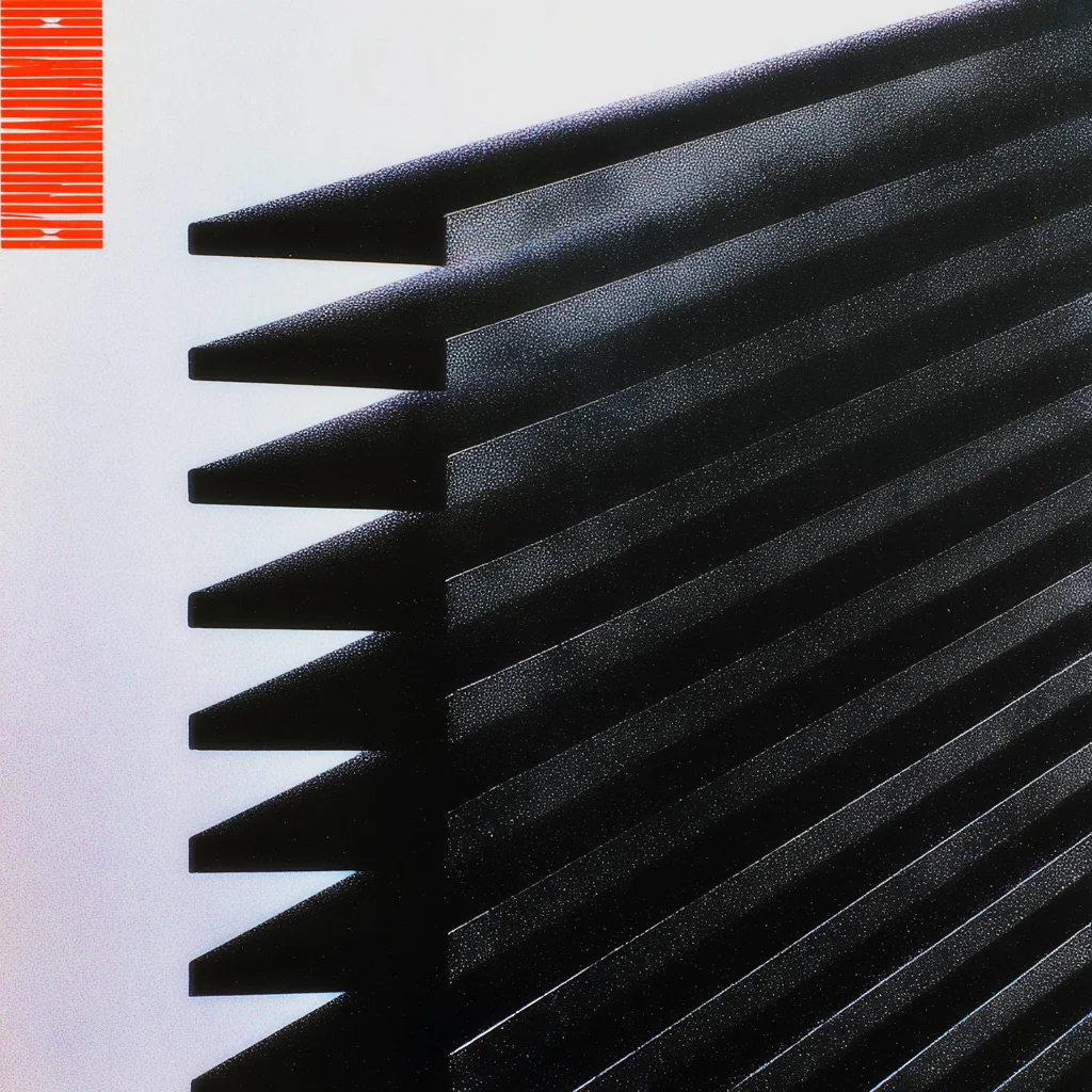 Close-up of black textured metal fins on an electronic heat sink creating sharp diagonal lines against a pale background with a small red accent.