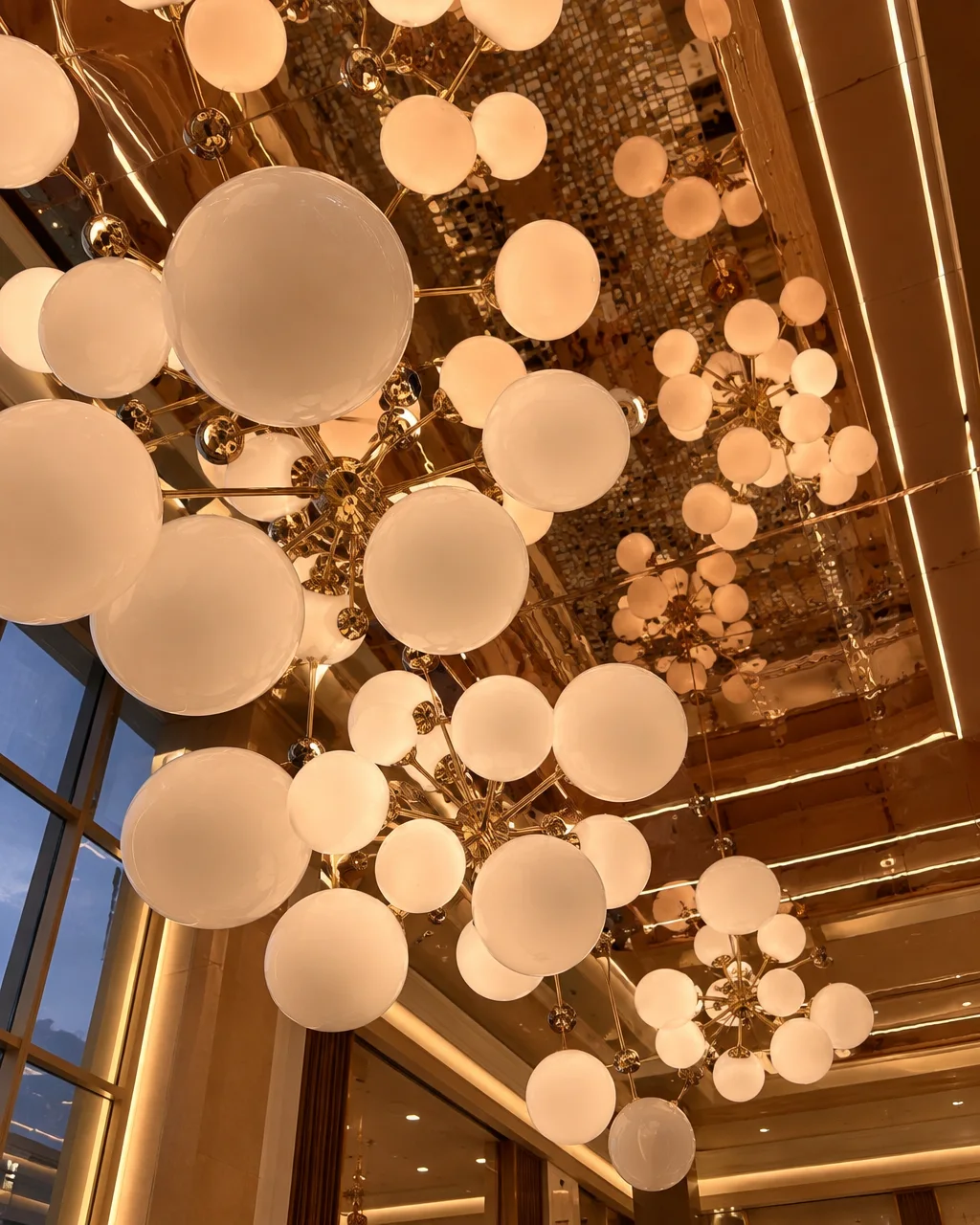 Clustered white globe chandeliers glow against a warm, reflective golden ceiling inside a modern luxury venue.