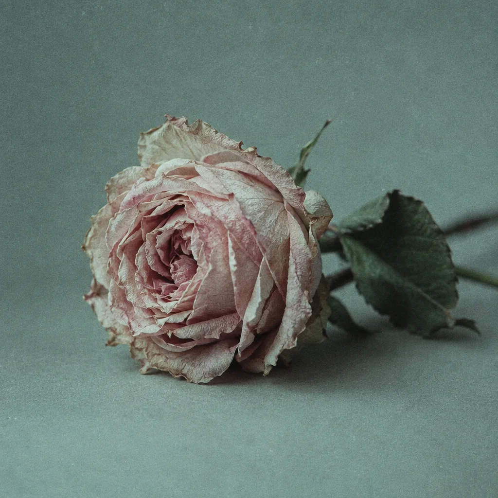 A single dried pink rose with delicate curled petals rests against a muted green-grey textured background.