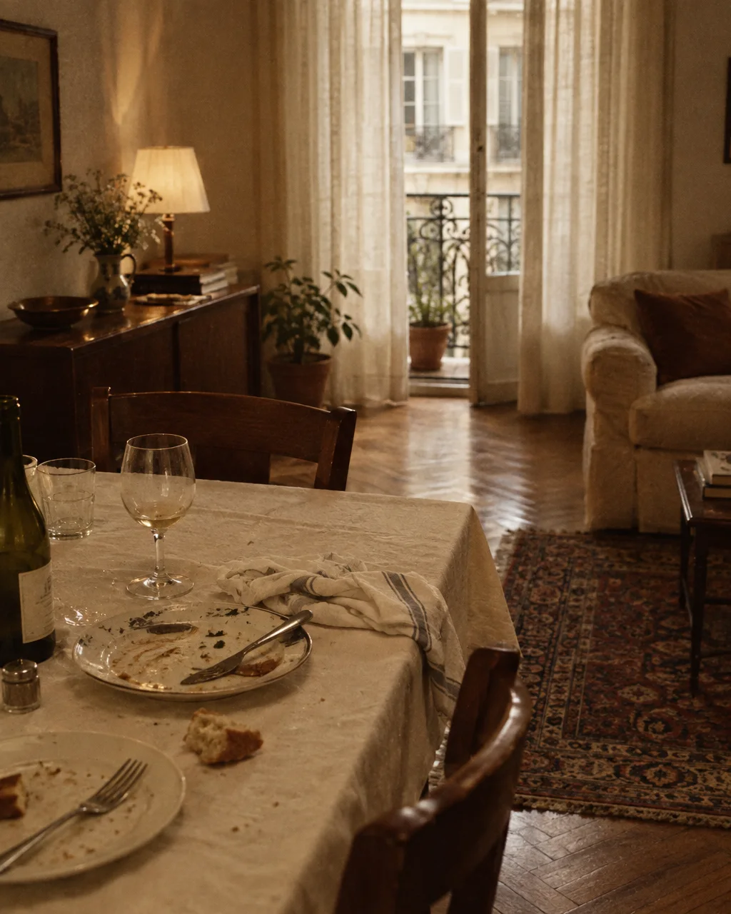 Empty wine glasses and used dinner plates linger on a linen tablecloth inside a warm, classic apartment with open balcony doors.