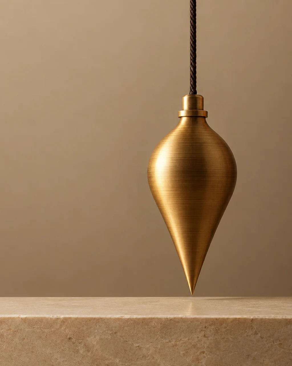 A brushed brass plumb bob hangs poised millimeters above a travertine block against a warm monochrome background.