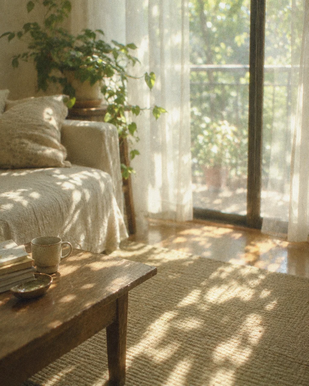 Soft dappled sunlight filters through sheer curtains across a wooden coffee table, woven rug, and sofa in a quiet living room.