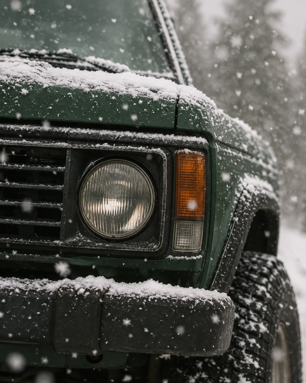 The front headlight, grille, and bumper of a dark green vintage truck dusted with fresh falling snow in a winter forest.